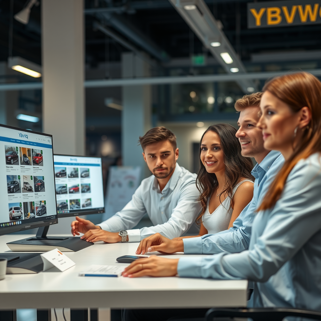 Equipo de YBVWQ trabajando en oficina moderna con computadoras mostrando listados de autos usados, ambiente profesional y colaborativo