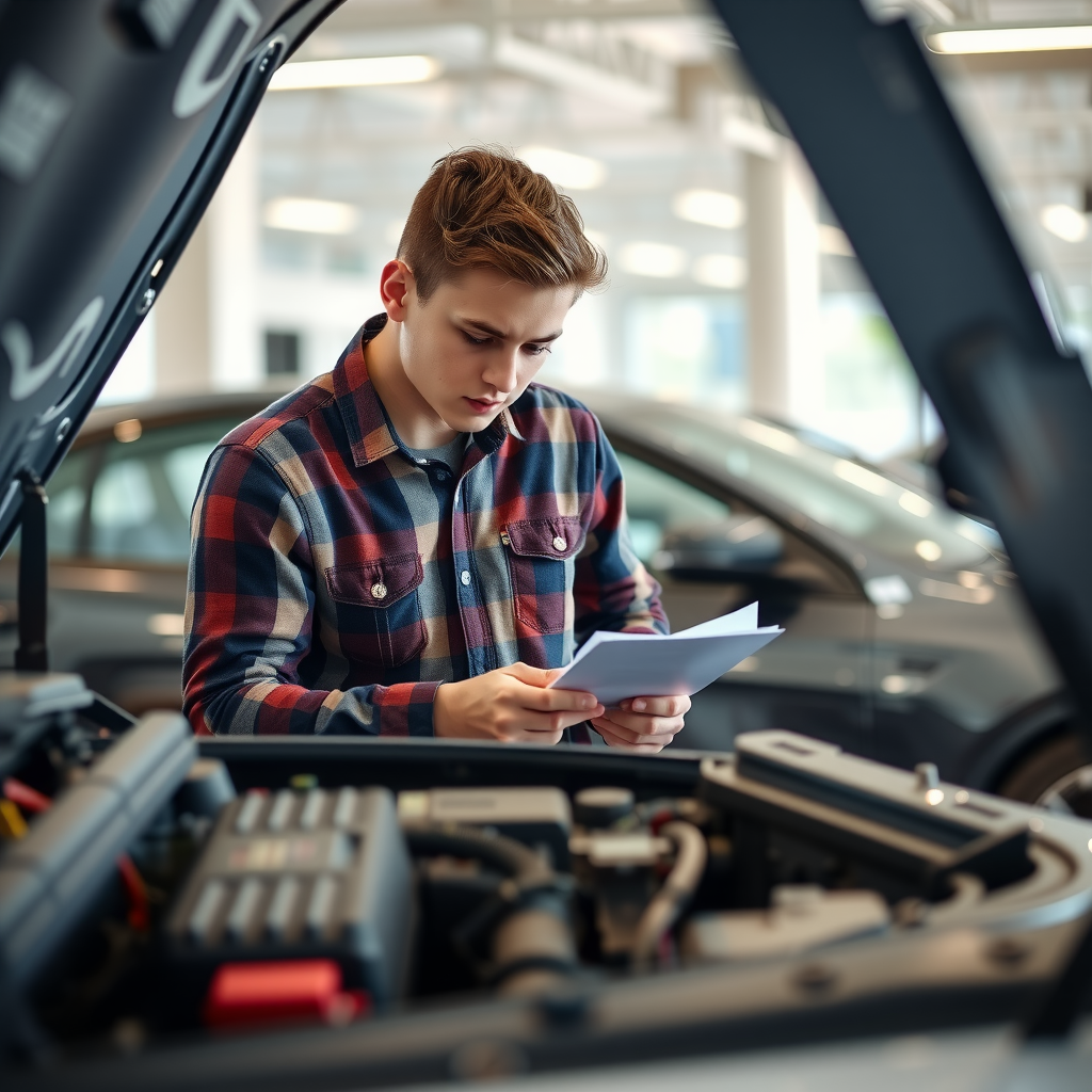 Persona joven inspeccionando un automóvil usado en un concesionario, revisando el motor y tomando notas, ambiente profesional con iluminación natural