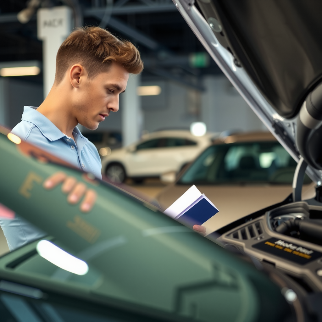 Comprador primerizo inspeccionando cuidadosamente un auto usado en una concesionaria, revisando el motor y tomando notas, ambiente profesional con varios vehículos en el fondo