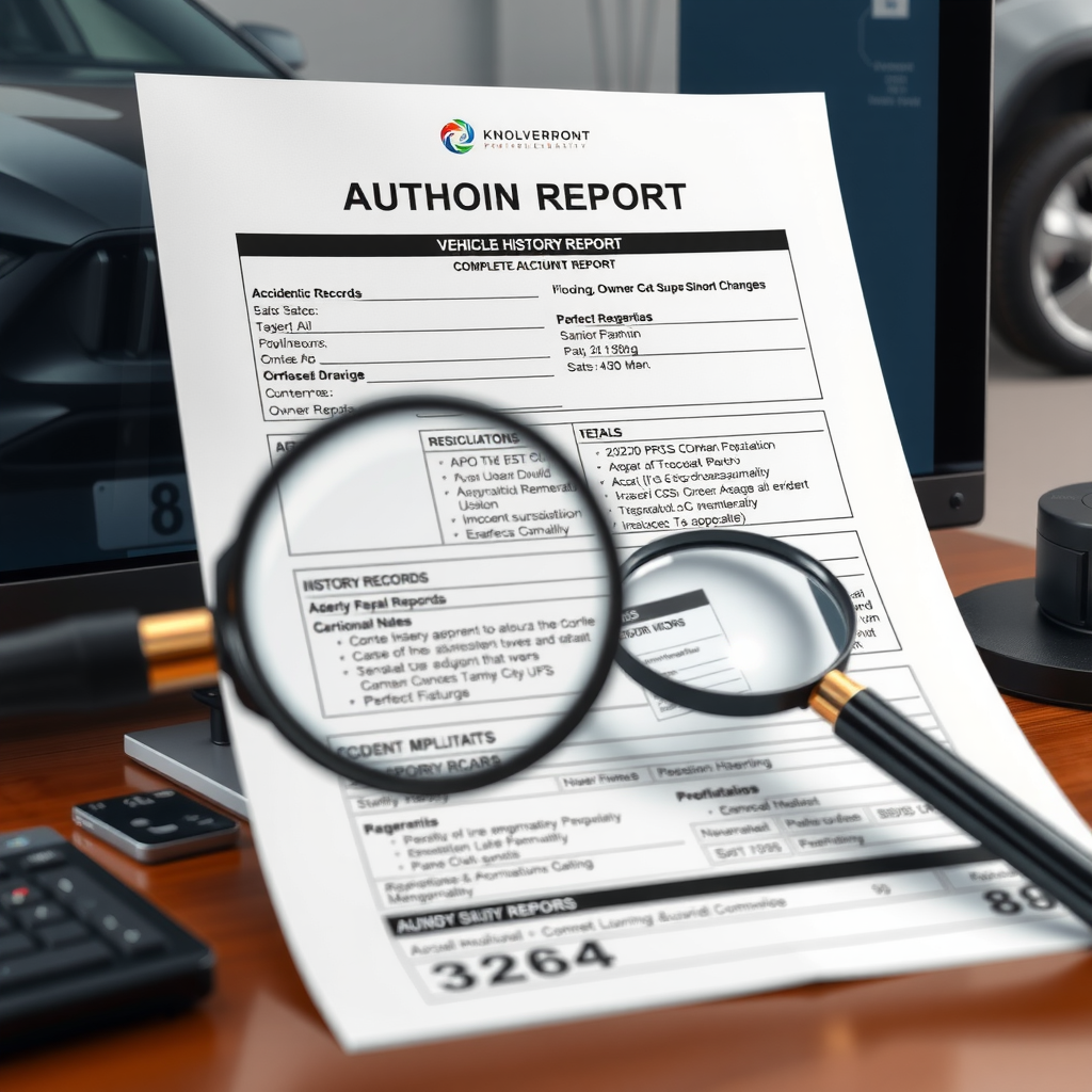 Documento detallado de informe de historial vehicular mostrando información completa del automóvil, incluyendo registros de accidentes, cambios de propietario y mantenimiento, sobre un escritorio profesional con una lupa examinando los detalles