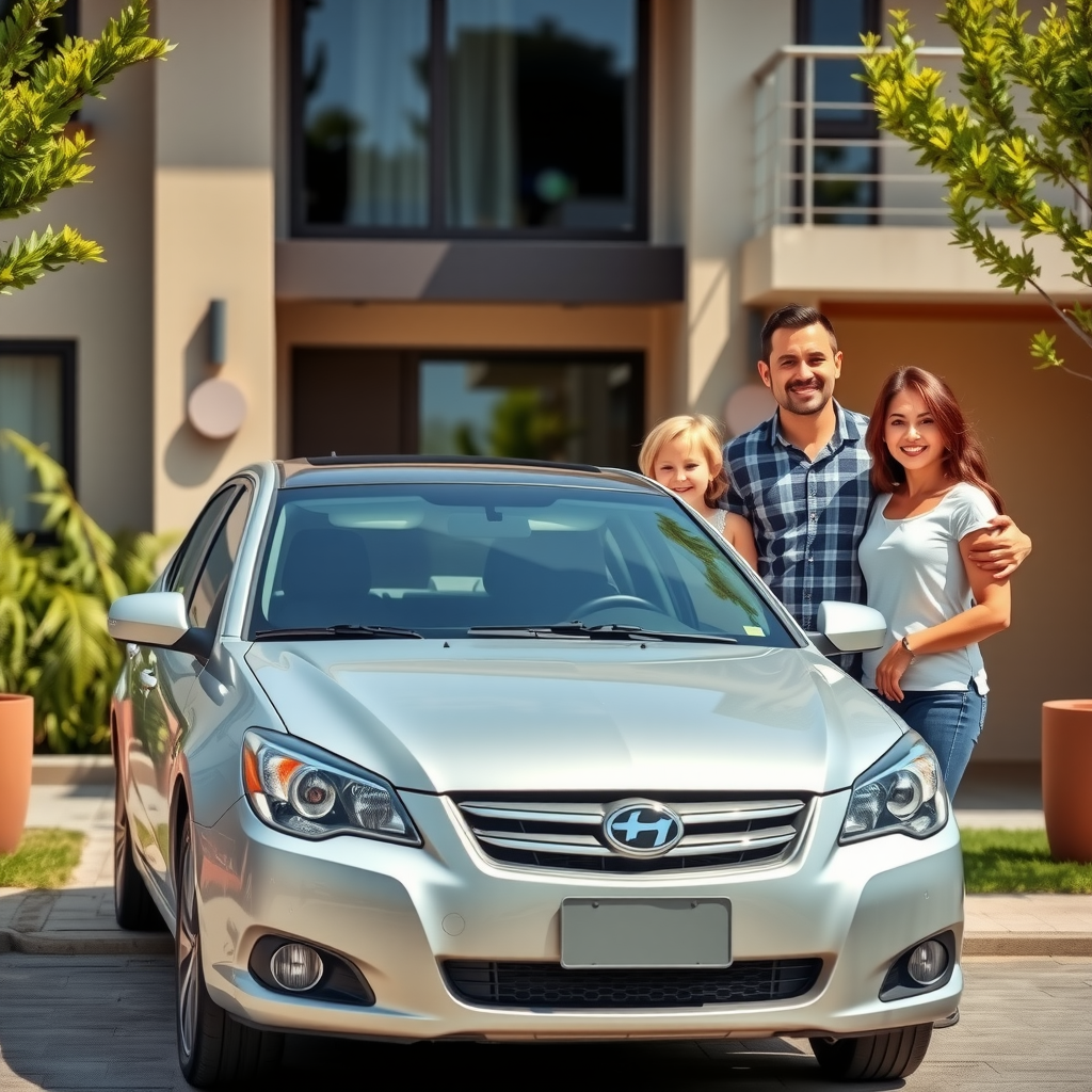 Familia argentina sonriente de cuatro personas parada junto a un auto sedan usado plateado estacionado en entrada de casa moderna, con niños pequeños, día soleado, ambiente familiar y acogedor