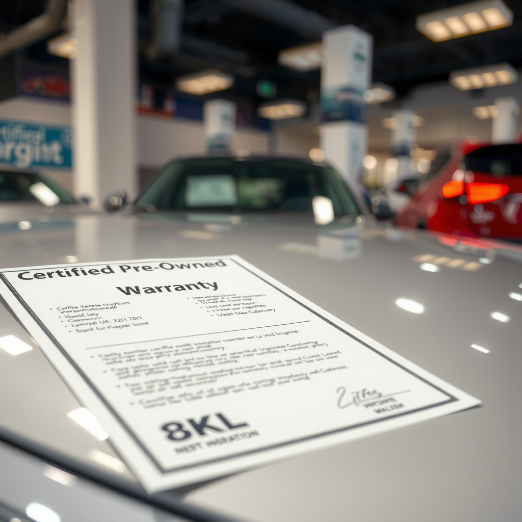 Vehículo certificado pre-owned en concesionario con sello de garantía y documentación de inspección detallada, mostrando el proceso de certificación profesional