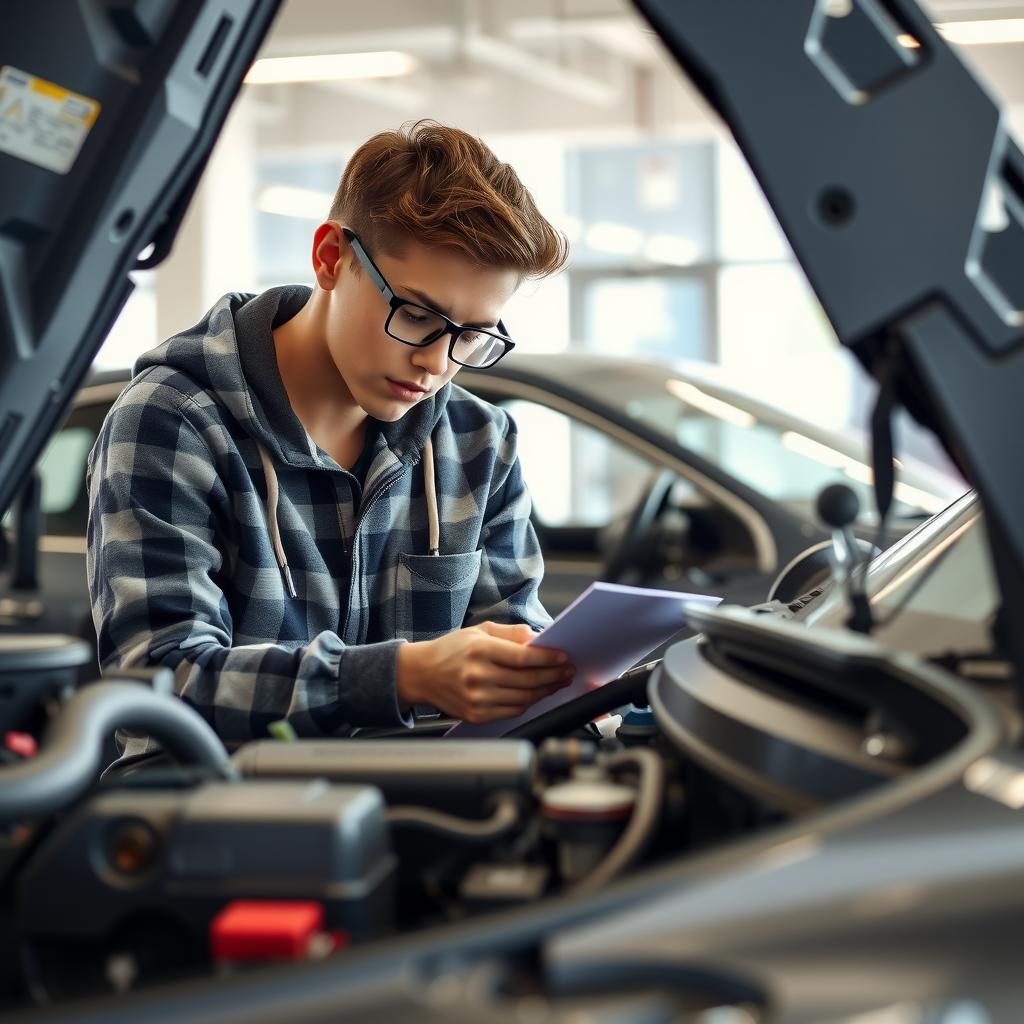 Persona joven inspeccionando cuidadosamente un automóvil usado en un concesionario, revisando el motor y tomando notas, ambiente profesional con iluminación natural