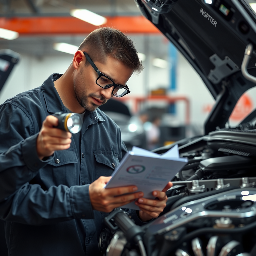 Inspector profesional examinando un vehículo usado con linterna y lista de verificación, señalando problemas mecánicos ocultos, ambiente de taller automotriz