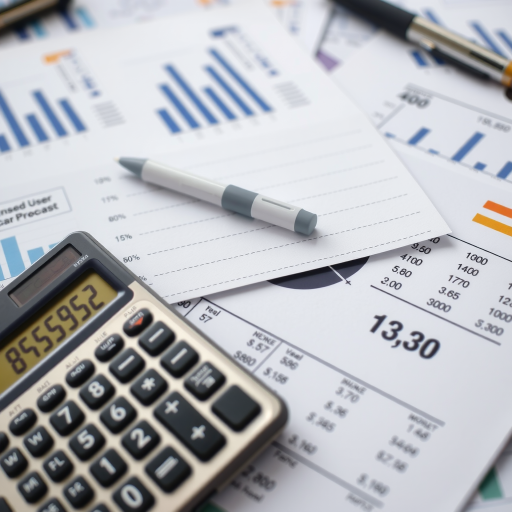 Calculadora, documentos financieros y papeles de presupuesto sobre un escritorio, mostrando planificación de compra de auto usado con números y gráficos visibles