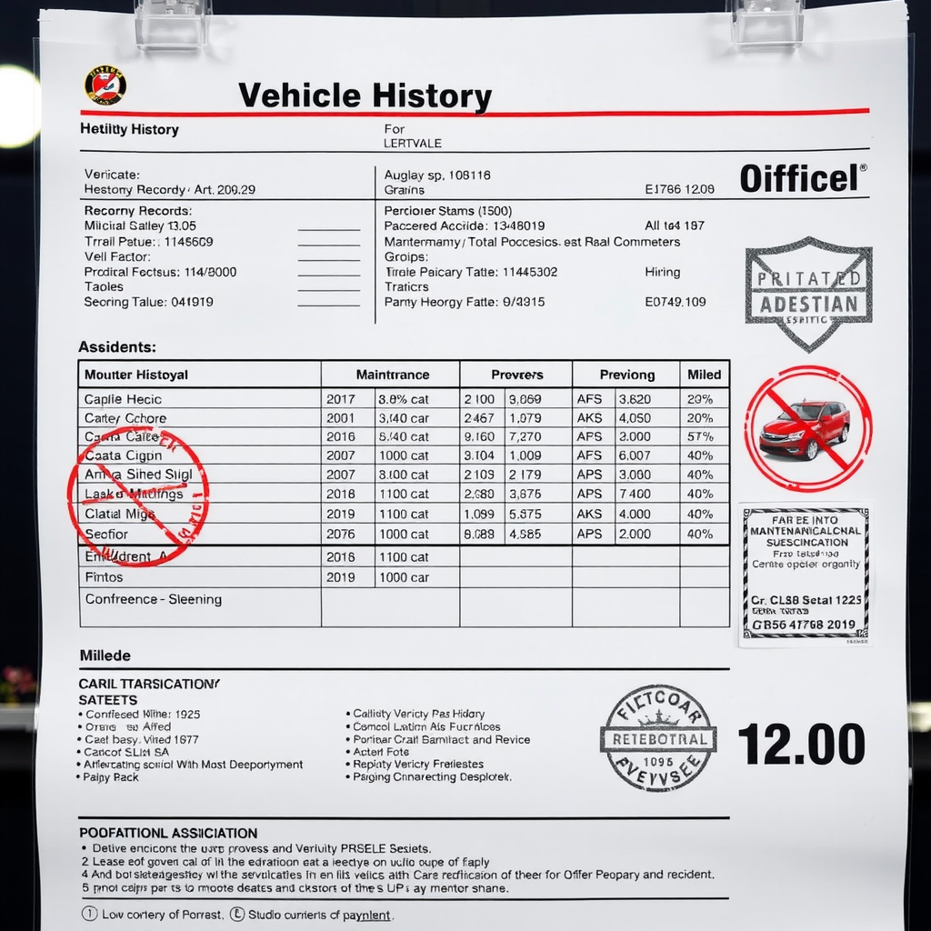 Documento detallado de historial vehicular mostrando registros de mantenimiento, accidentes y propietarios anteriores, con sellos oficiales y verificaciones de kilometraje