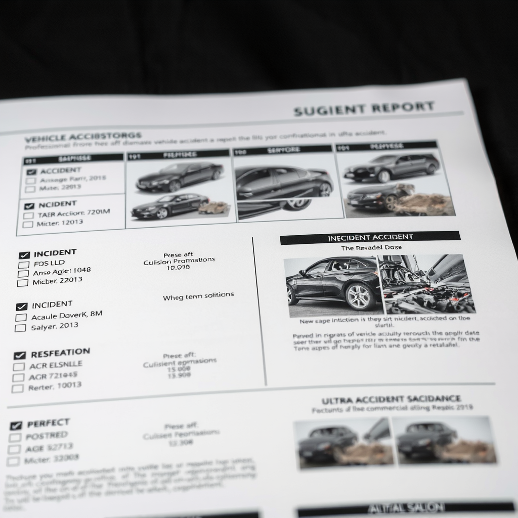 Sección detallada de un informe mostrando registros de accidentes vehiculares con diagramas de daños, fechas de incidentes, severidad de colisiones y fotografías de reparaciones realizadas en diferentes partes del automóvil
