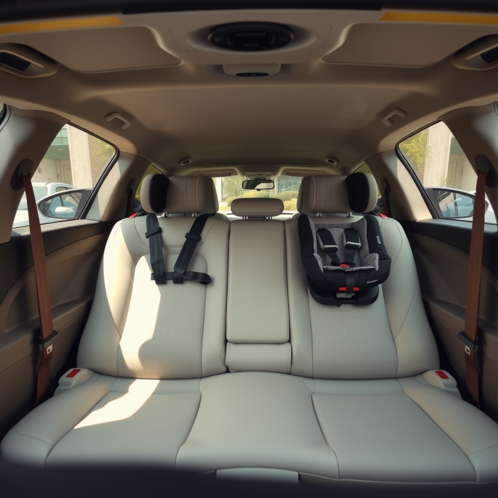 Interior amplio de auto familiar usado mostrando asientos traseros espaciosos con sillas para niños instaladas, tapizado en buen estado, cinturones de seguridad visibles, luz natural entrando por ventanas, ambiente limpio y ordenado