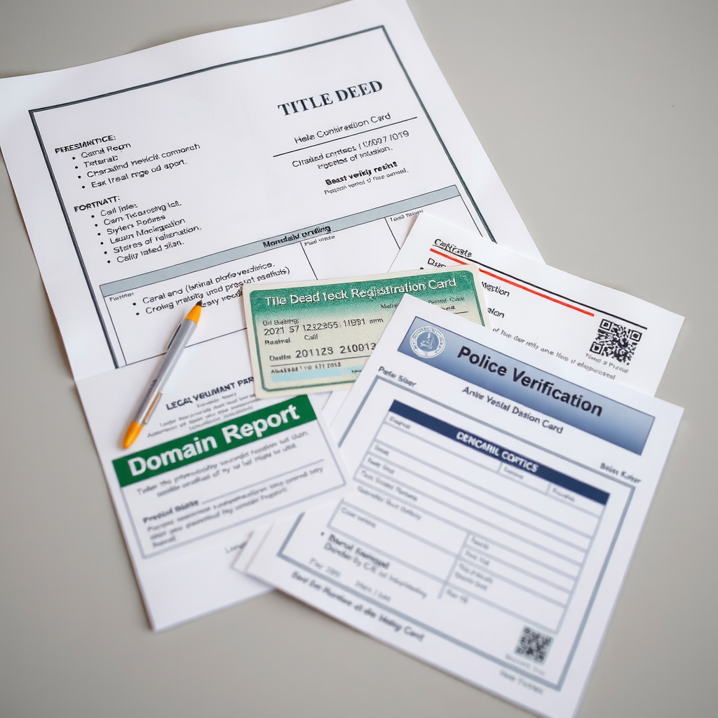 Documentos legales de vehículo incluyendo título de propiedad, cédula verde, informe de dominio y verificación policial organizados sobre una mesa