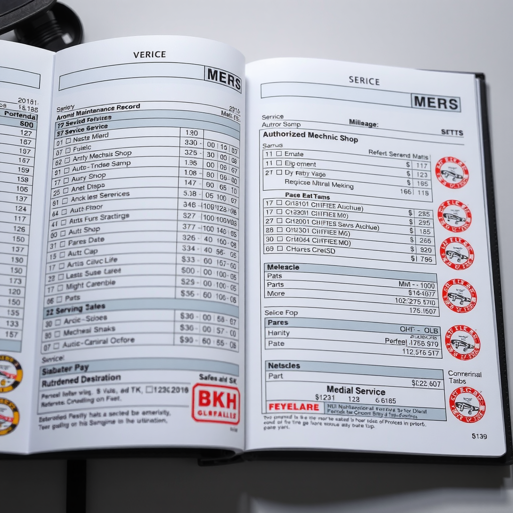 Libro de servicio vehicular abierto mostrando registros detallados de mantenimiento con fechas, kilometraje, servicios realizados, repuestos utilizados y sellos de talleres mecánicos autorizados organizados cronológicamente