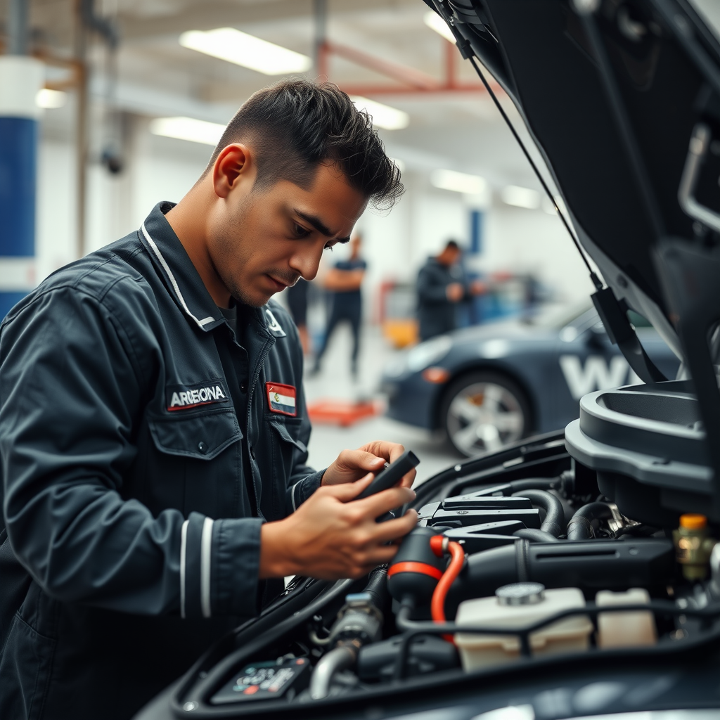 Mecánico profesional argentino con uniforme revisando motor de auto usado en taller bien iluminado, usando herramientas de diagnóstico, ambiente profesional y limpio, enfoque en inspección de calidad