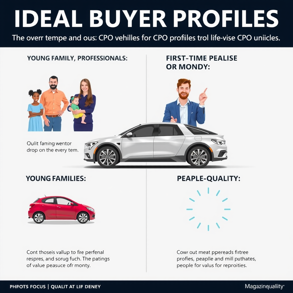 Infografía mostrando diferentes perfiles de compradores ideales para vehículos CPO: familias jóvenes, profesionales, compradores primerizos y personas que valoran la tranquilidad