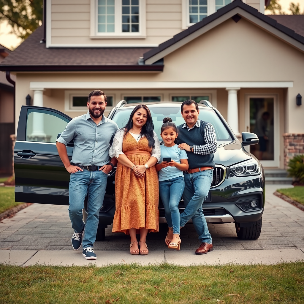 Familia feliz de cuatro personas junto a un automóvil usado espacioso y confiable, estacionado frente a una casa suburbana, ambiente cálido y acogedor
