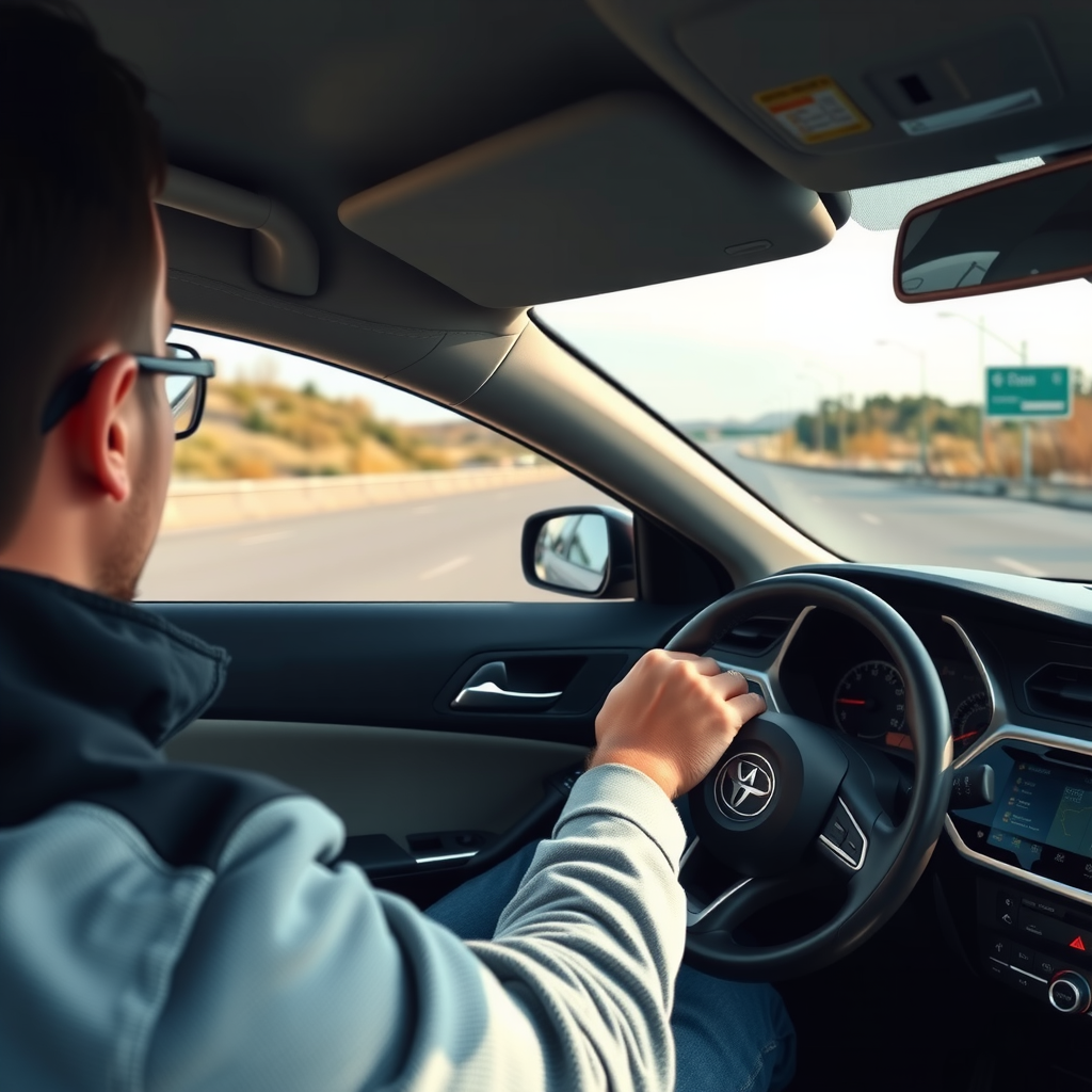 Conductor realizando prueba de manejo de auto usado en carretera, vista desde el interior del vehículo mostrando el tablero y la carretera adelante