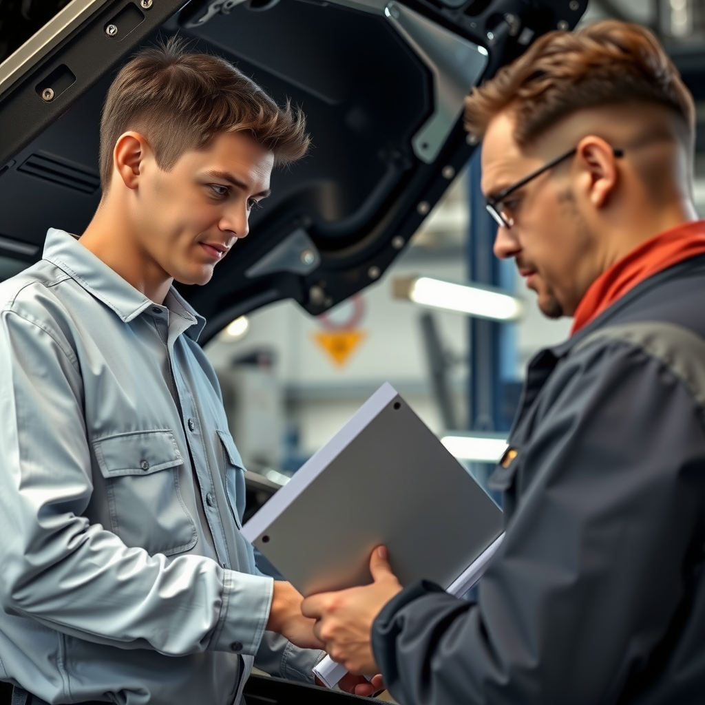 Mecánico profesional realizando inspección completa de motor y sistemas mecánicos de vehículo usado, con herramientas de diagnóstico electrónico y checklist de verificación en taller certificado