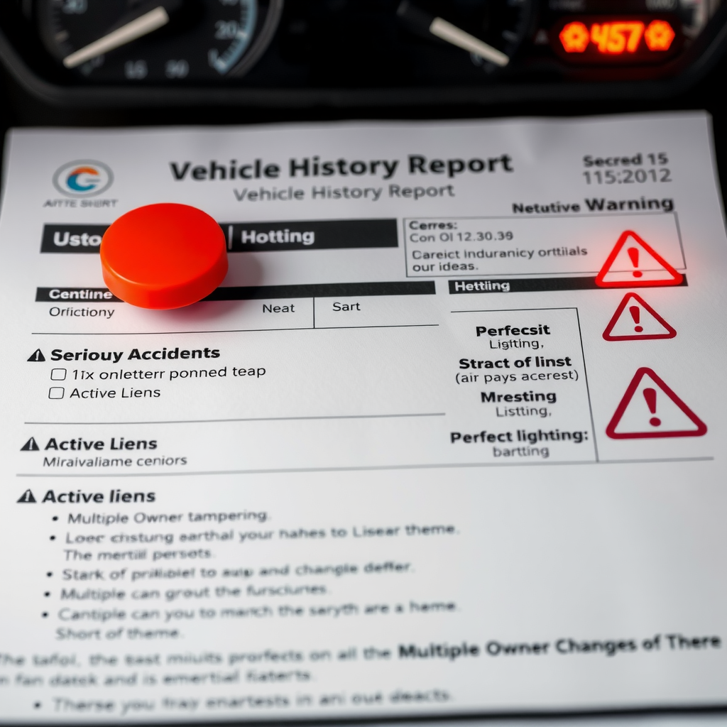 Informe de historial vehicular con marcadores rojos y símbolos de advertencia destacando problemas críticos como accidentes graves, manipulación de kilometraje, prendas activas y múltiples cambios de propietario en corto tiempo