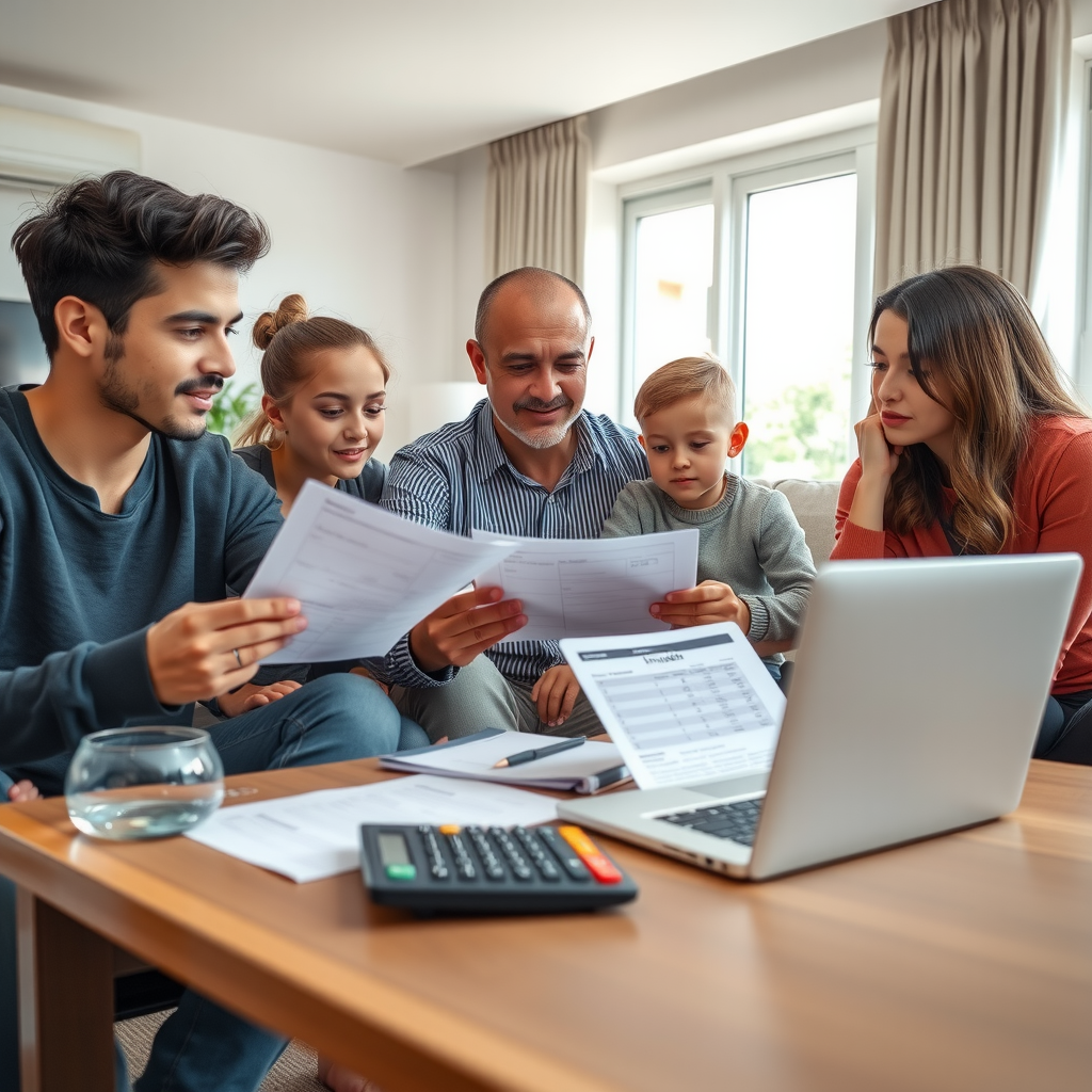 Familia argentina joven sentada en sala de estar moderna revisando documentos y calculadora sobre mesa, laptop abierta mostrando listados de autos, ambiente de planificación financiera, luz natural, expresiones de concentración y optimismo