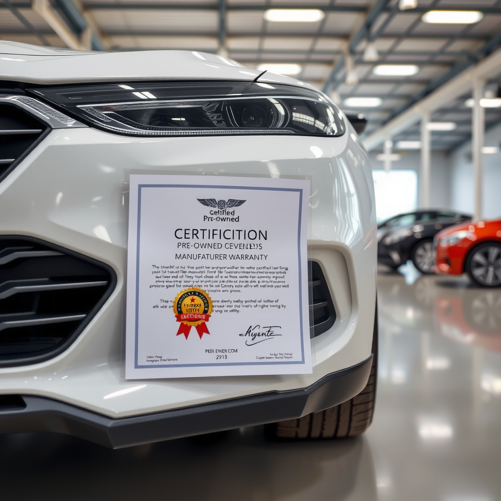 Vehículo certificado de segunda mano con insignia de certificación y documentos de garantía del fabricante, showroom profesional con iluminación brillante