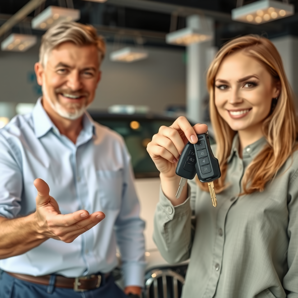 Comprador sonriente sosteniendo las llaves de su nuevo auto usado frente al vehículo, expresión de satisfacción y confianza, ambiente de concesionaria profesional