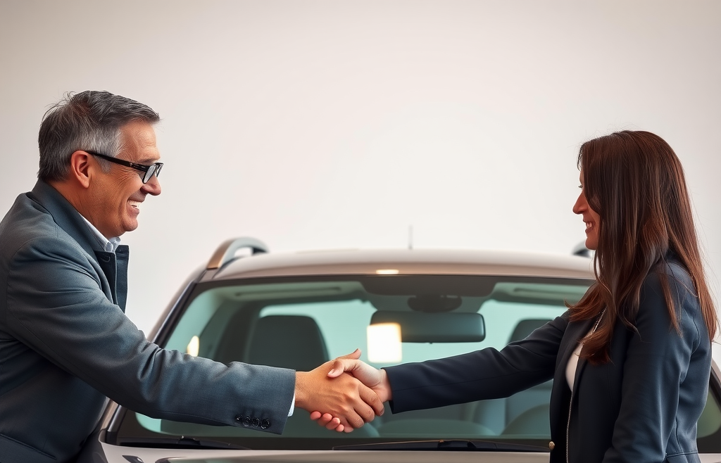 Comprador satisfecho estrechando la mano del vendedor frente a un automóvil usado en excelente estado, con documentos de informe de historial vehicular y certificado de dominio nacional sobre el capó, simbolizando una transacción transparente y segura